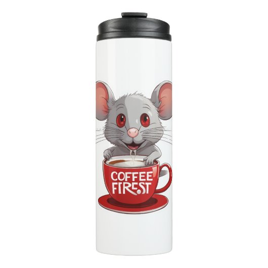 Aardige cafeïne muis in rode mok (Voorkant)