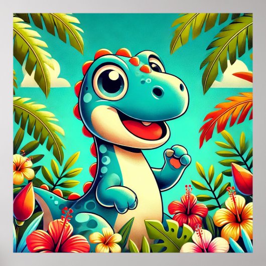 Aardige Cartoon Dinosaurussen Te midden van Levend Poster (Voorkant)