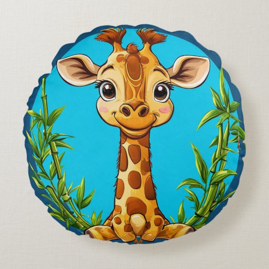 Aardige Cartoon Giraffe Met Bamboe Rond Kussen (Voorkant)