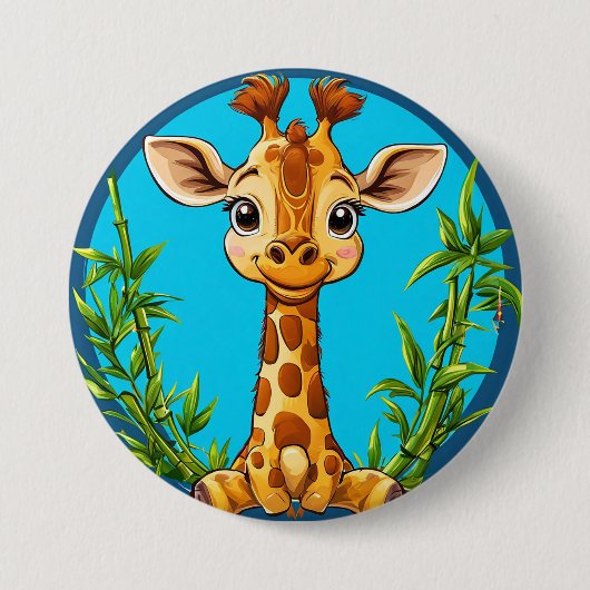 Aardige Cartoon Giraffe Met Bamboe Ronde Button 7,6 Cm (Voorkant)