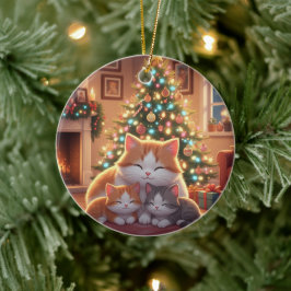 Aardige Cartoon Kat Familie Kerstboom Keramisch Ornament