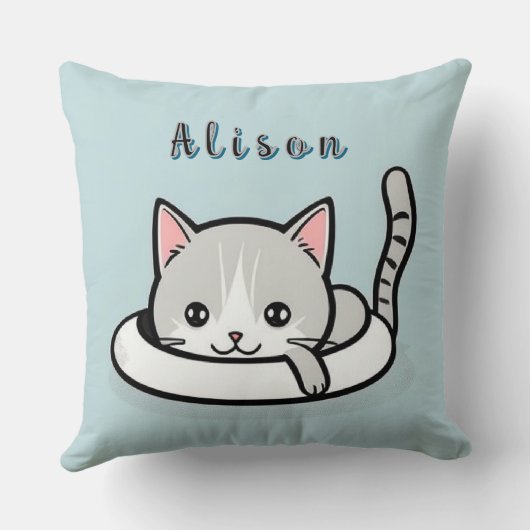 Aardige Cartoon Kat Speelt Rustend Kussen (Achterkant)