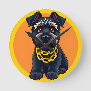 Aardige Cartoon Zwarte Hond met Gouden Ketting Ronde Klok