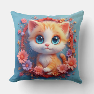Aardige Cartoonkat Omringd door Kleurrijke Bloemen Kussen