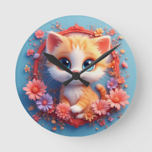 Aardige Cartoonkat Omringd door Kleurrijke Bloemen Ronde Klok