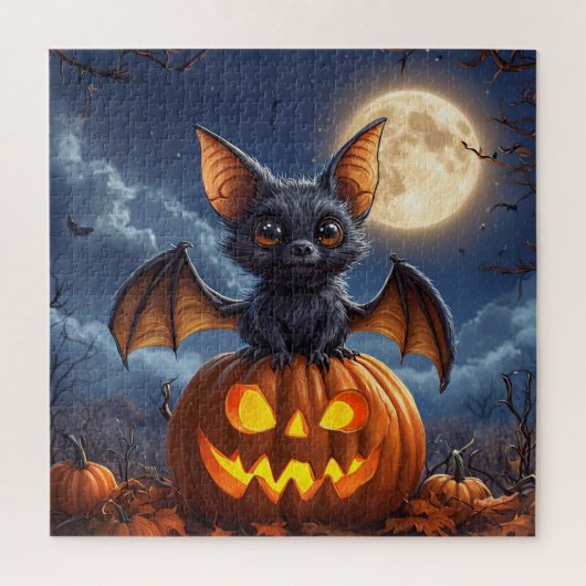 Aardige cartoonvleermuis op een Jack-o'-Lantern Legpuzzel (Verticaal)