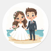 Aardige Chibi Bruid en Bruidegom – Strand Scene Ronde Sticker (Voorkant)