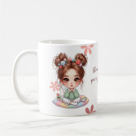Aardige Chibi-meisje zittend op kussen met citaat Koffiemok