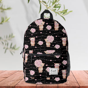 Aardige Coquette Teddybeer Met Roze Bloemen Op Maa Bedrukte Rugzak