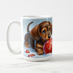 Aardige dashond puppy speelt met rode bal koffiemok