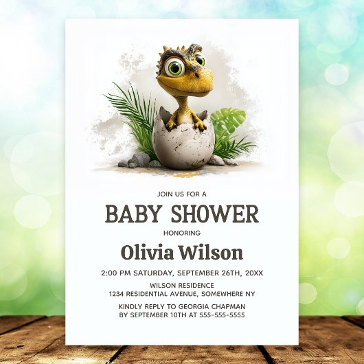 Aardige dinosaurus baby shower uitnodiging