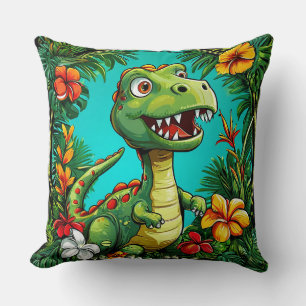 Aardige dinosaurus omringd door kleurrijke bloemen kussen