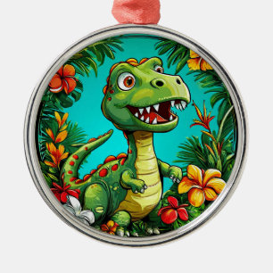 Aardige dinosaurus omringd door kleurrijke bloemen metalen ornament