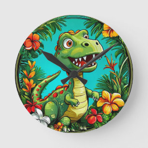 Aardige dinosaurus omringd door kleurrijke bloemen ronde klok