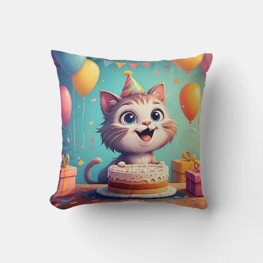 Aardige feestkat met cake en ballonnen kussen (Voorkant)