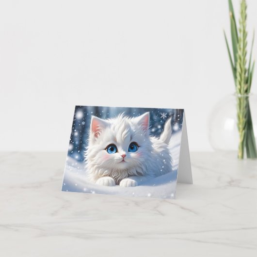 Aardige Fluffy Witte Kat Blauwe Ogen Lege Groet Kaart (Voorkant)