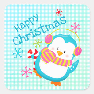 Aardige Gelukkige Pinguïn Kleurrijke Moderne Kerst Vierkante Sticker