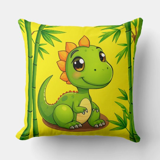 Aardige groene cartoon dinosaurus tussen bamboepla kussen (Voorkant)
