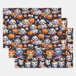 Aardige Halloween Puppies & Kittens Waterverf Inpakpapier Vel