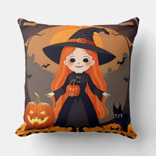 Aardige Heks in Halloween Setting met Pompoenen Kussen (Voorkant)