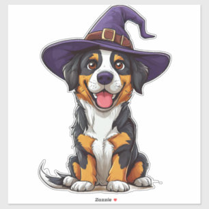 Aardige Hond Draagt Paarse Tovenaarshoed Halloween Sticker