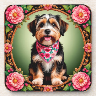 Aardige hond omlijst door kleurrijke bloemen bier onderzetter