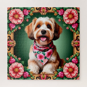 Aardige hond omlijst door kleurrijke bloemen legpuzzel