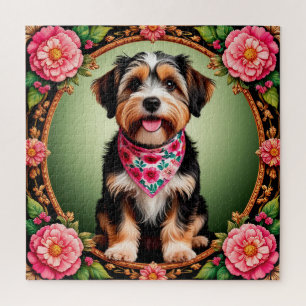 Aardige hond omlijst door kleurrijke bloemen legpuzzel
