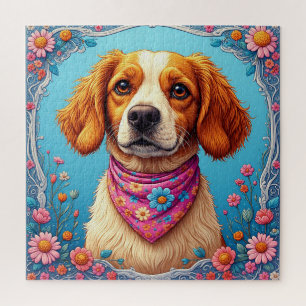 Aardige hond omlijst door kleurrijke bloemen legpuzzel