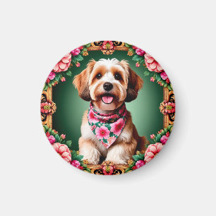Aardige hond omlijst door kleurrijke bloemen magneet