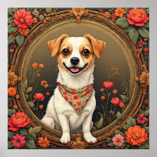 Aardige hond omlijst door kleurrijke bloemen poster