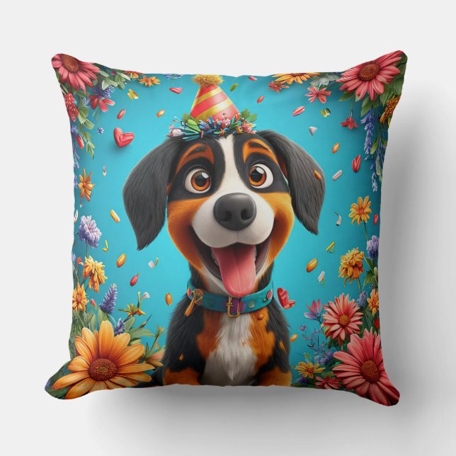 Aardige hond viert verjaardagsfeestje kussen (Voorkant)