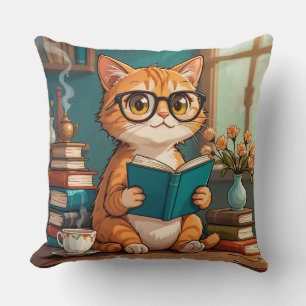 Aardige kat draagt een bril en leest een boek kussen