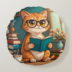 Aardige kat draagt een bril en leest een boek rond kussen