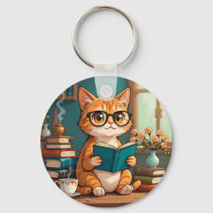 Aardige kat draagt een bril en leest een boek sleutelhanger