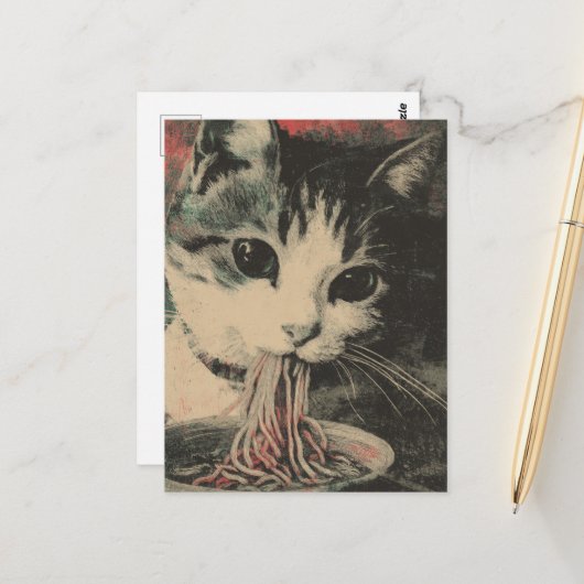 Aardige kat eet noedels briefkaart (Voorkant / Achterkant in situ)
