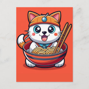 Aardige kat genietend van smakelijke Ramen Noedel  Feestdagenkaart