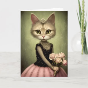 Aardige Kat Houdt Roze Rozen Vast Kaart