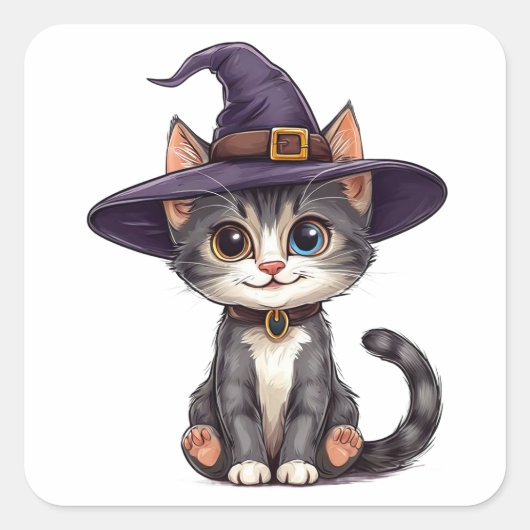 Aardige kat in heksenhoed vierkante sticker (Voorkant)
