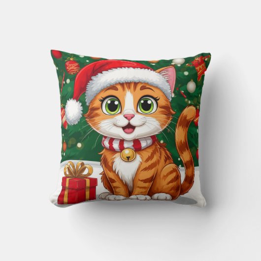 Aardige kat in kerstmuts met cadeau kussen (Voorkant)