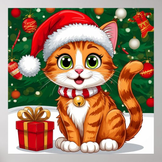 Aardige kat in kerstmuts met cadeau poster (Voorkant)