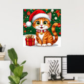 Aardige kat in kerstmuts met cadeau poster (Thuiskantoor)