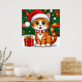 Aardige kat in kerstmuts met cadeau poster (Keuken)
