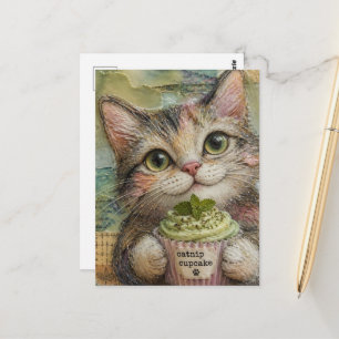 Aardige kat met kattenkruidcupcake briefkaart