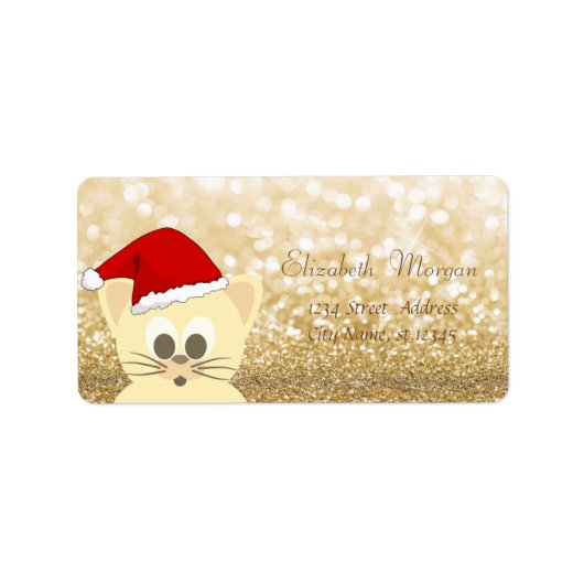 Aardige kat met kerstmuts, glinsterende bokeh etiket (Voorkant)