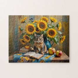 Aardige kat met zonnebloemboeket legpuzzel