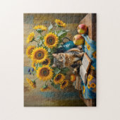 Aardige kat met zonnebloemboeket legpuzzel (Verticaal)