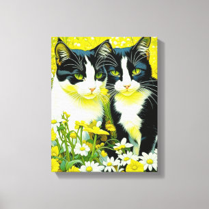 Aardige katten die in een veld met madeliefjes zit canvas afdruk