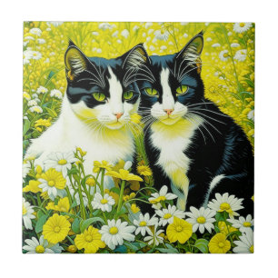 Aardige katten die in een veld met madeliefjes zit tegeltje