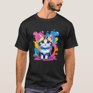 Aardige Kawaii Kitty Kat met Kleur Verf Spat T-shirt